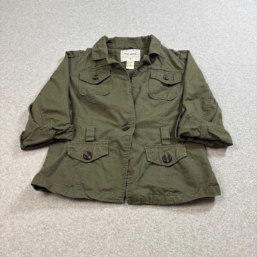 Vintage Wet Seal Jacket Woman Medium Green Button Military Army Barn Grunge Y2K